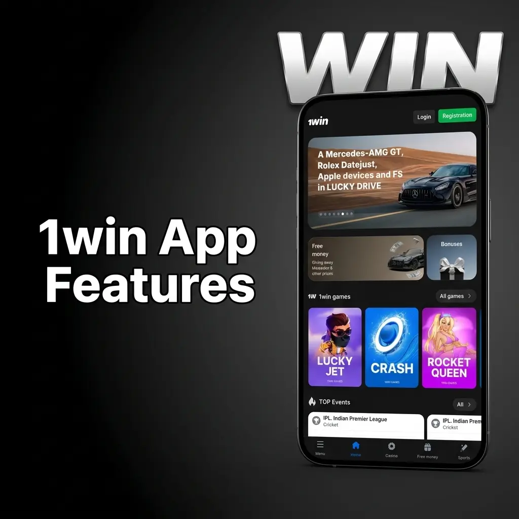 1win app interface showing sportsbook, casino, payments, and account features for Indian players in INR