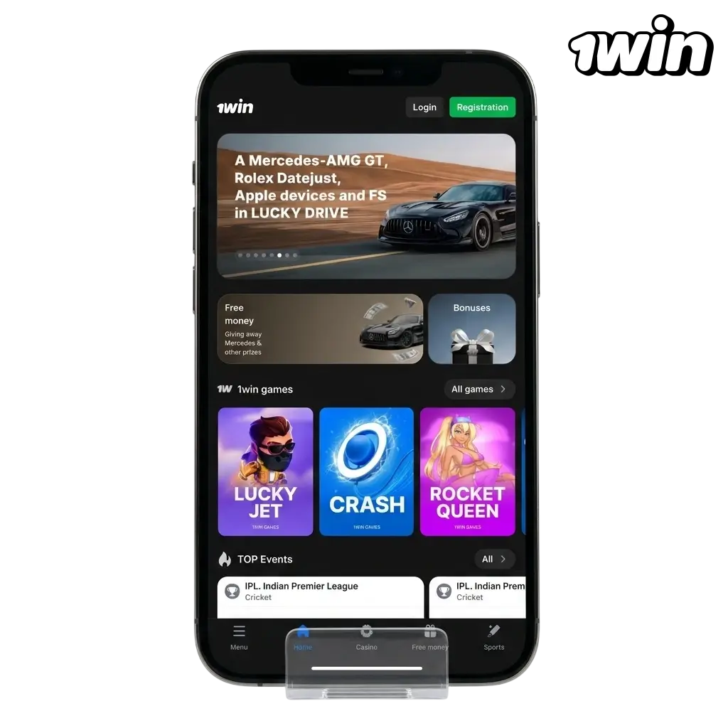 1win iOS app interface on iPhone showing sports betting and casino games with 500% welcome bonus for Indian players