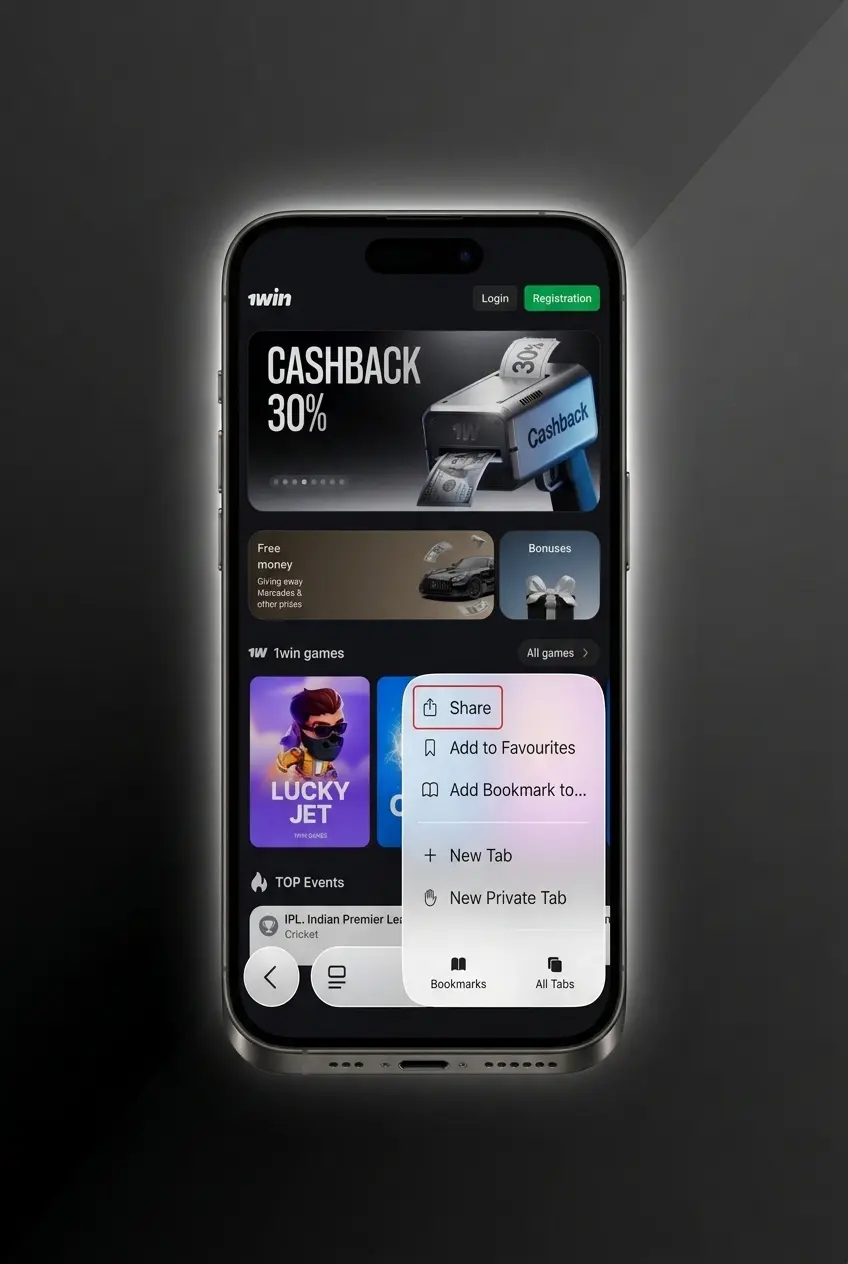 1win PWA app interface on iOS Safari browser showing betting and casino features with Add to Home Screen setup steps