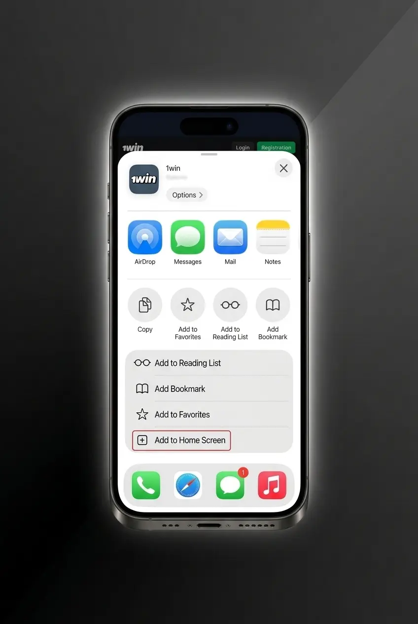 1win PWA app icon on iOS home screen for instant betting and casino access via Safari browser