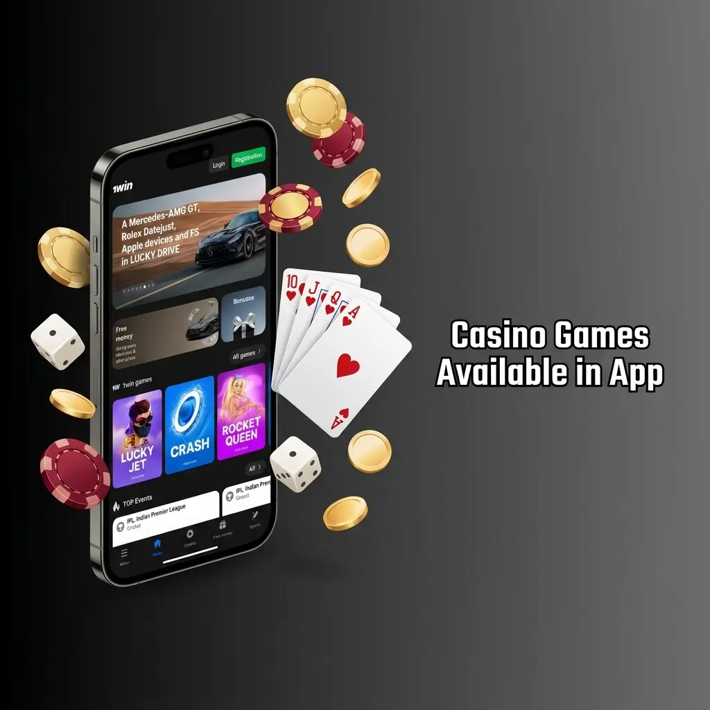1win casino app showing 11,000+ games including Aviator, Andar Bahar, Teen Patti, and live dealer tables for Indian players