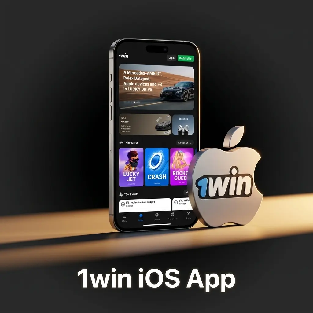 1win iOS app interface on iPhone and iPad showing sports betting, live casino, and slots features