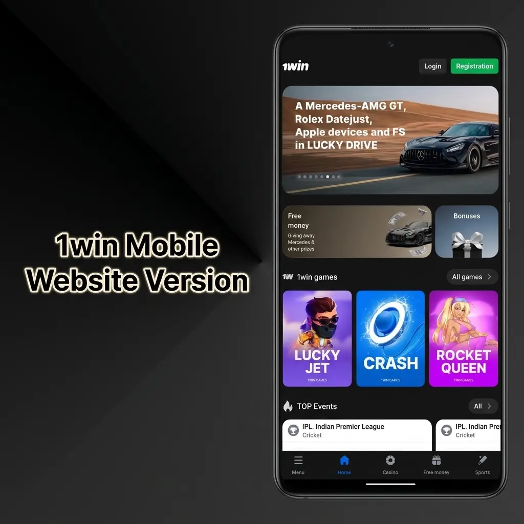 1win mobile website interface displayed on a smartphone browser with sports betting and live casino options visible