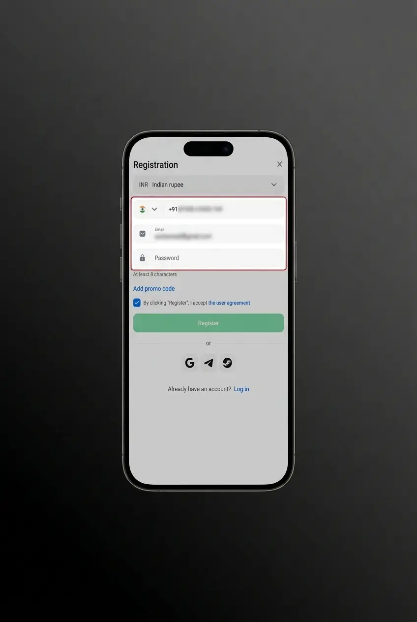 1win sign up page showing four registration methods including phone, email, social media, and one-click option