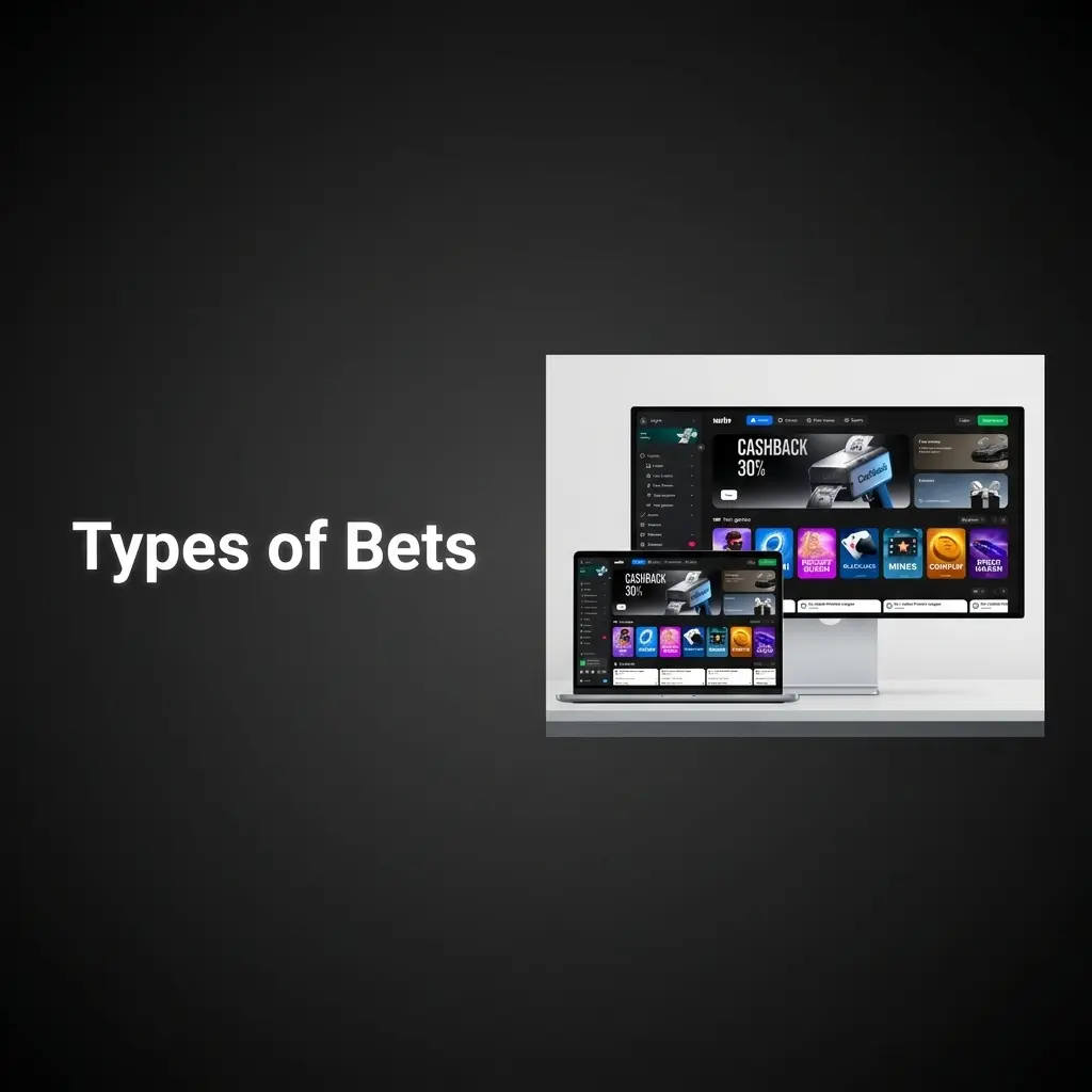 1win bet types diagram showing Single, Express Accumulator, and System bets with payout structures explained