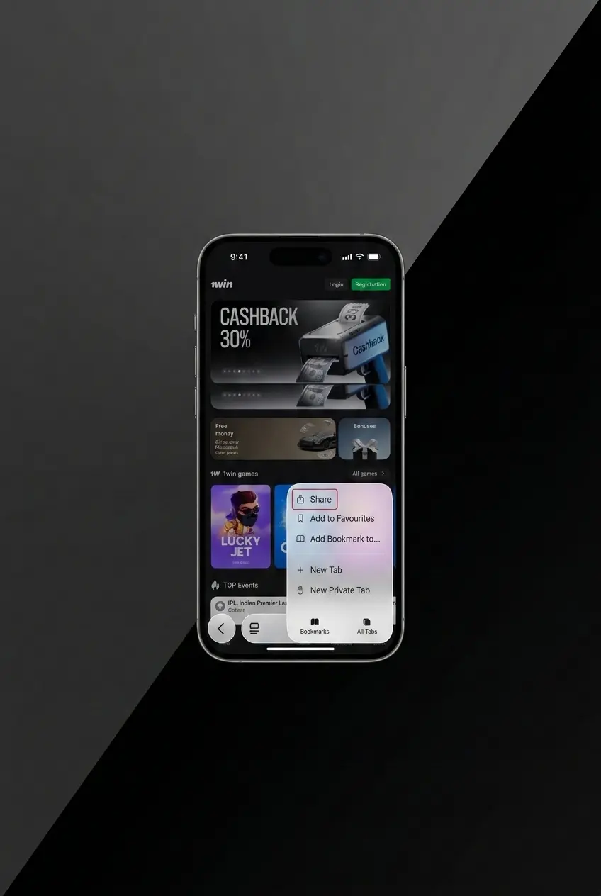 1win PWA iOS installation steps showing Safari Share menu and Add to Home Screen process on iPhone