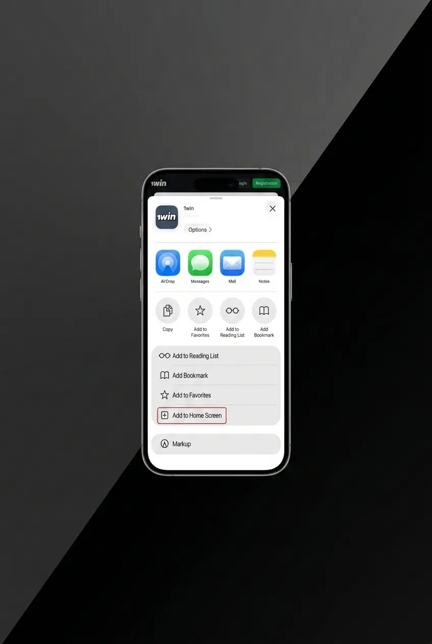 1win PWA iOS installation steps showing Safari share menu and Add to Home Screen process on iPhone