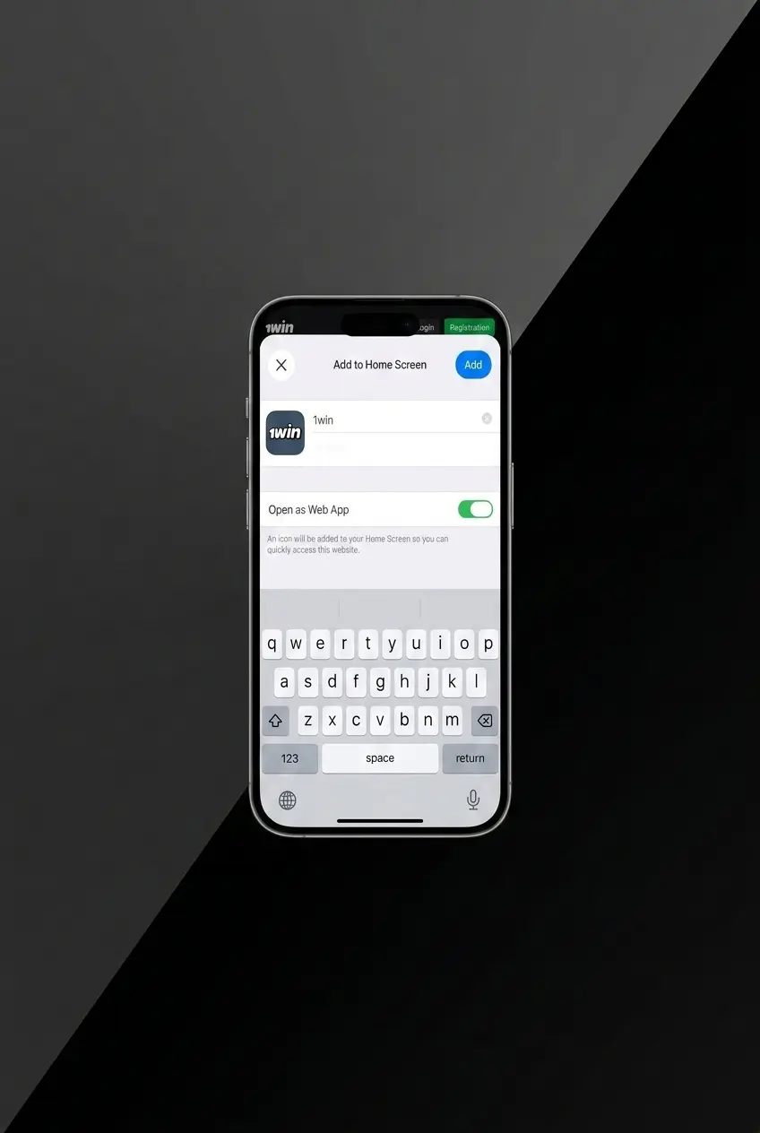 1win PWA installation steps on iPhone Safari showing iOS download, login, Share icon, and Add to Home Screen process