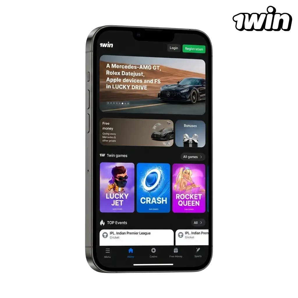 1win mobile app for Android and iOS with 500% welcome bonus up to INR 1,80,000 and 500 free spins