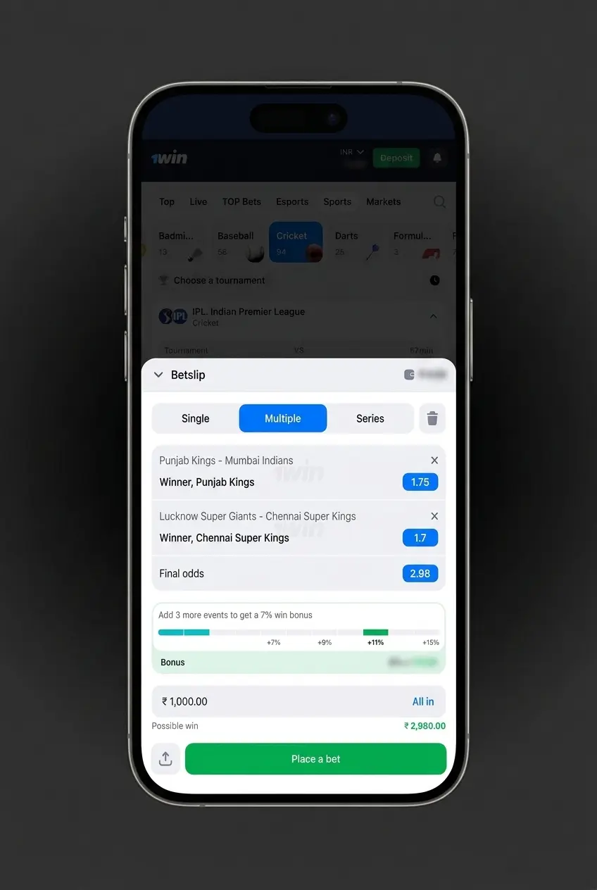 1win app sports betting interface showing step-by-step guide to place bets on cricket, football, and kabaddi