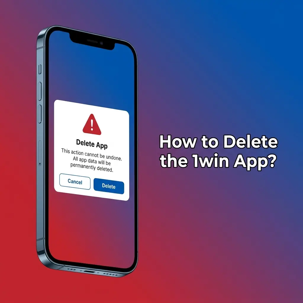 Step-by-step guide showing how to delete the 1win app on Android and iOS devices with uninstall options visible