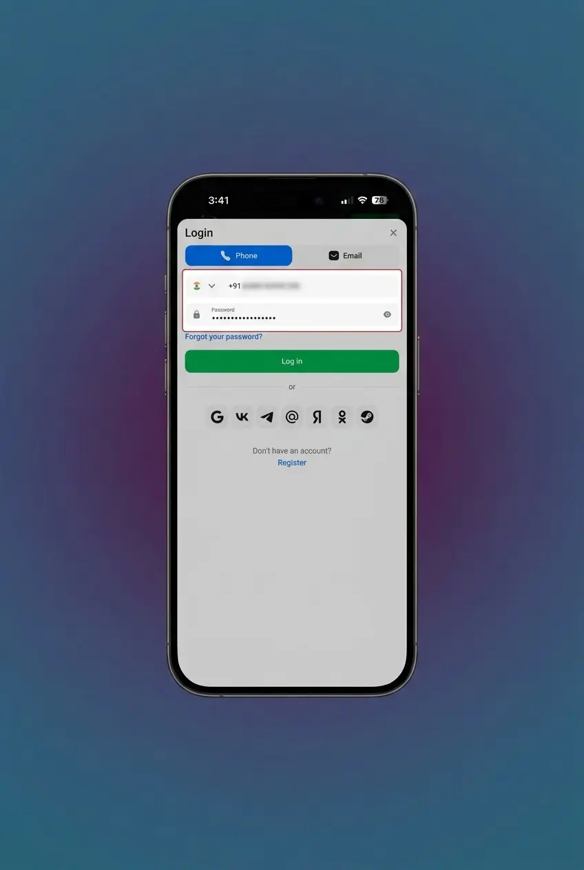1win app login screen showing email/phone and password fields with Login button for quick account access in India