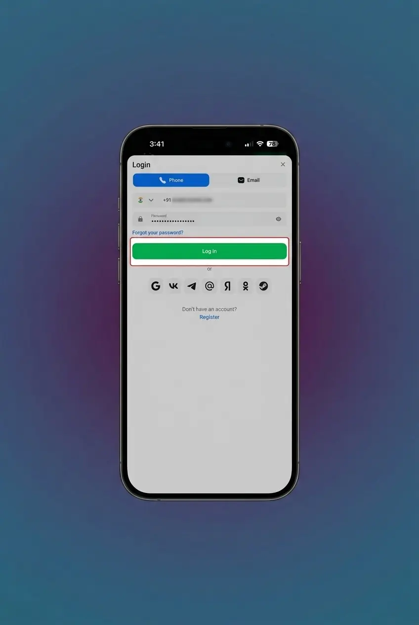 1win app login screen showing sign-in form with email, phone, and password fields for quick account access