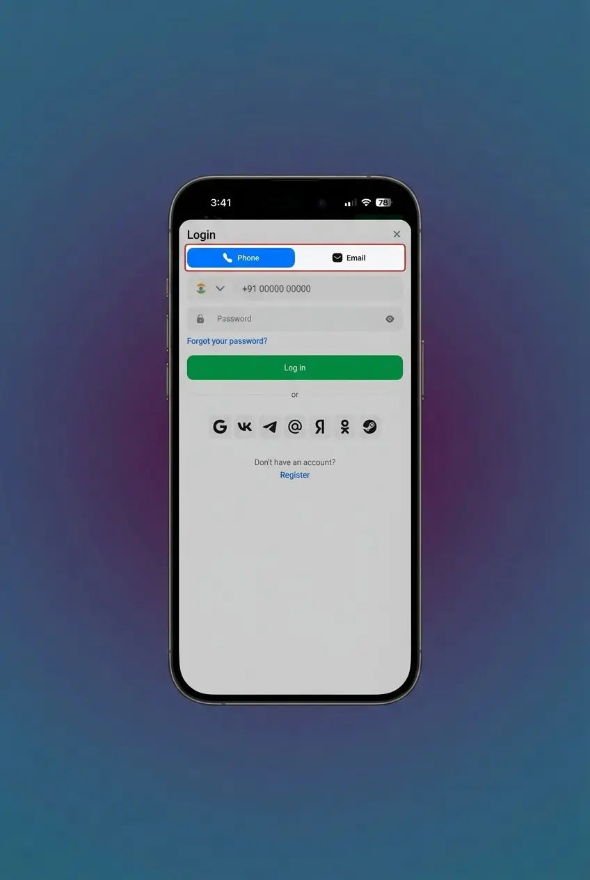 1win app login screen showing sign-in form with email, phone, and password fields for quick account access