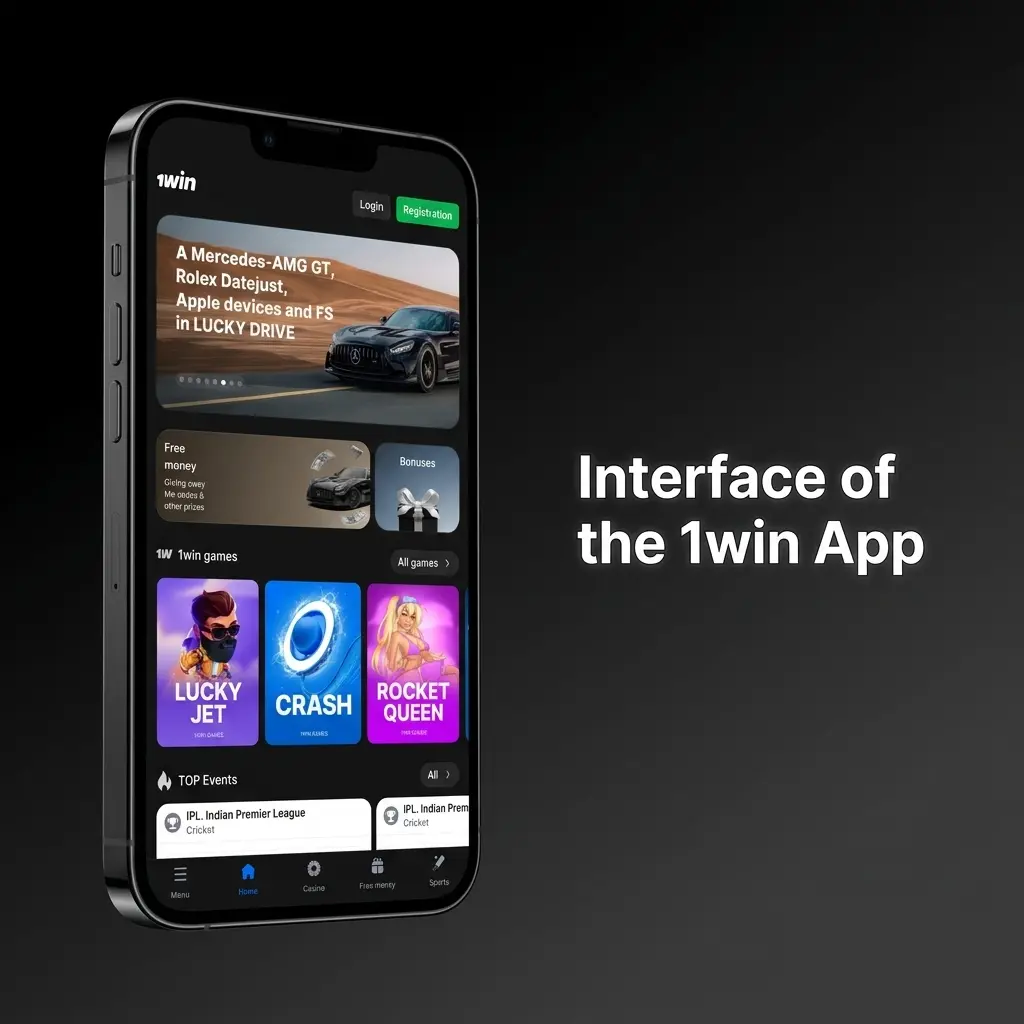1win app dark-themed interface showing bottom navigation bar with Sports, Casino, Live Casino, Promotions and Account tabs
