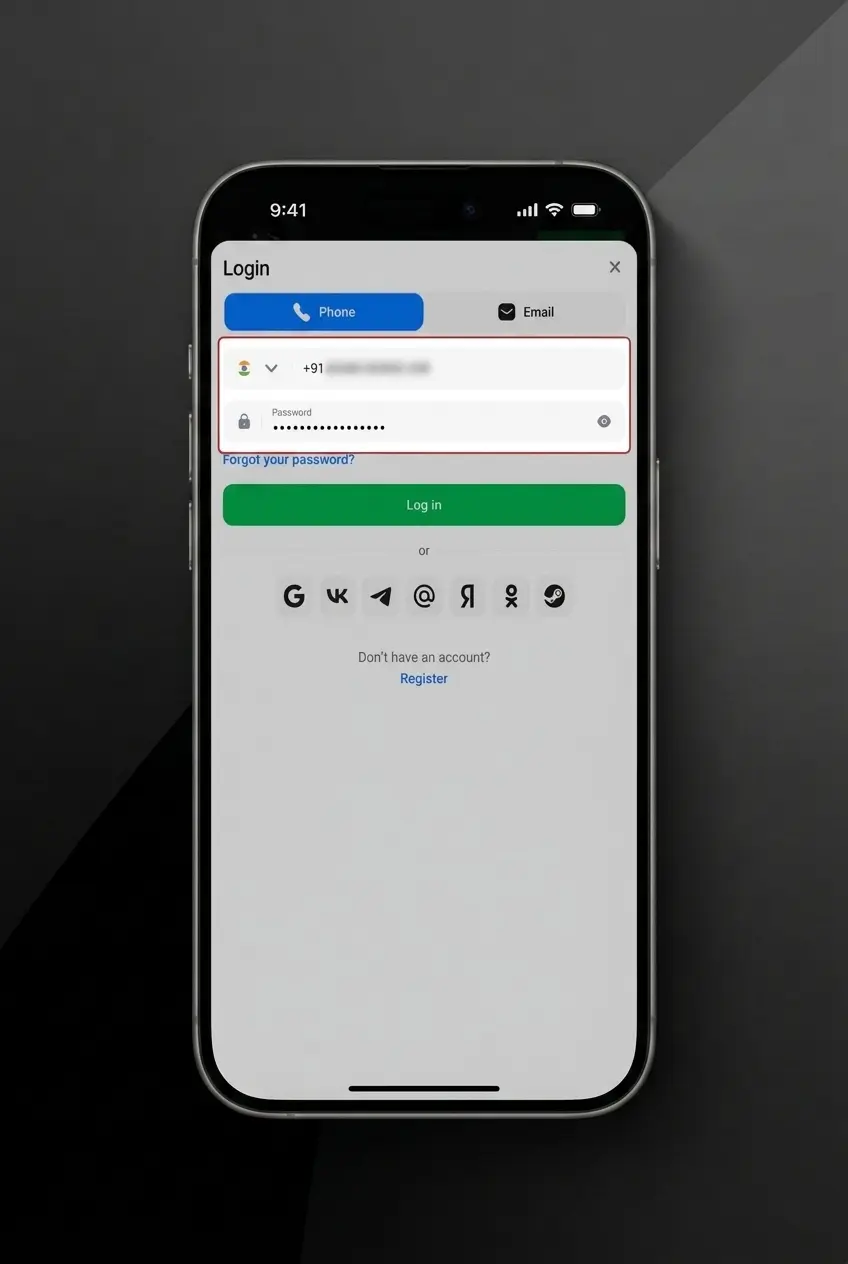 1win mobile app login screen showing email, phone, and social sign-in options with biometric authentication support