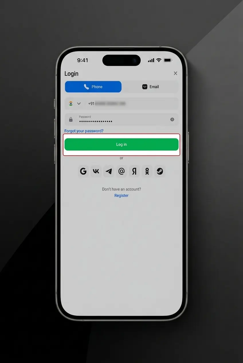 1win mobile app login screen showing email, phone, and social sign-in options with biometric authentication support