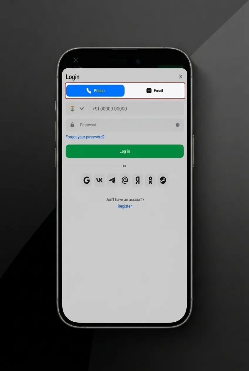 1win mobile app login screen showing email, phone, and social sign-in options with biometric authentication support