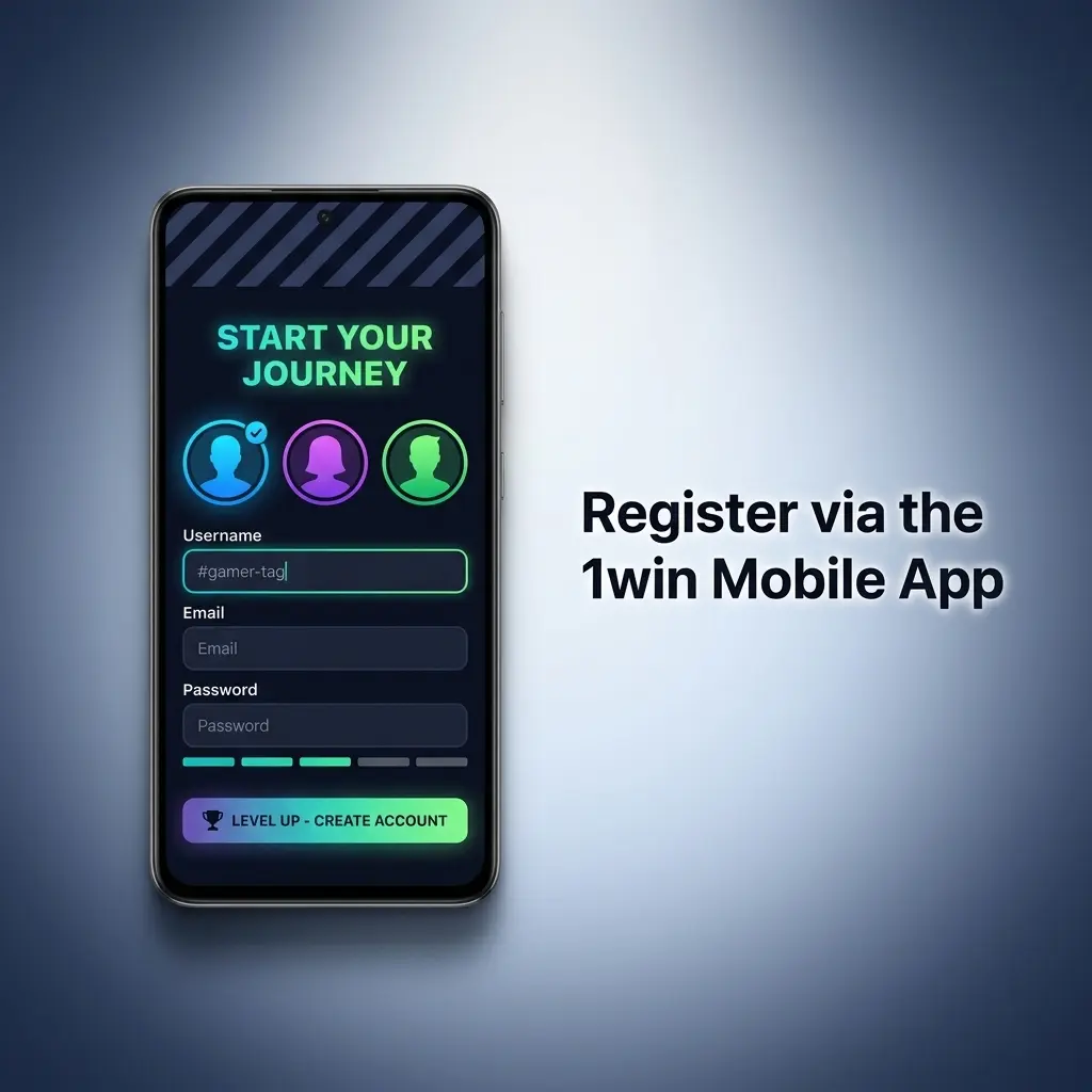 1win Android app registration screen showing sign-up options including one-click, phone, email, and social media methods