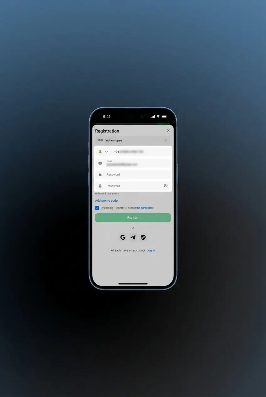 1win mobile app registration screen showing sign-up options for Indian users including phone, email, and social accounts