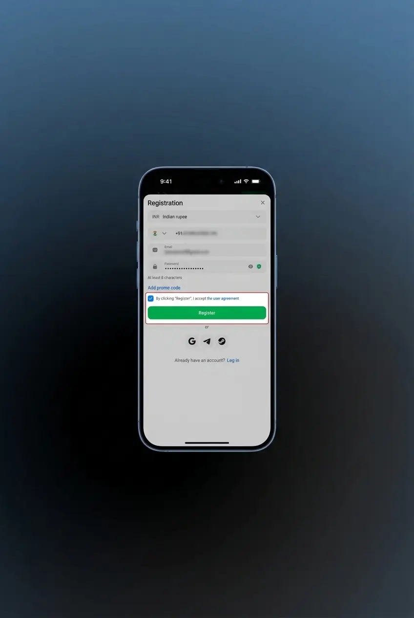 1win mobile app registration screen showing sign-up options for Indian users including phone, email, and social accounts
