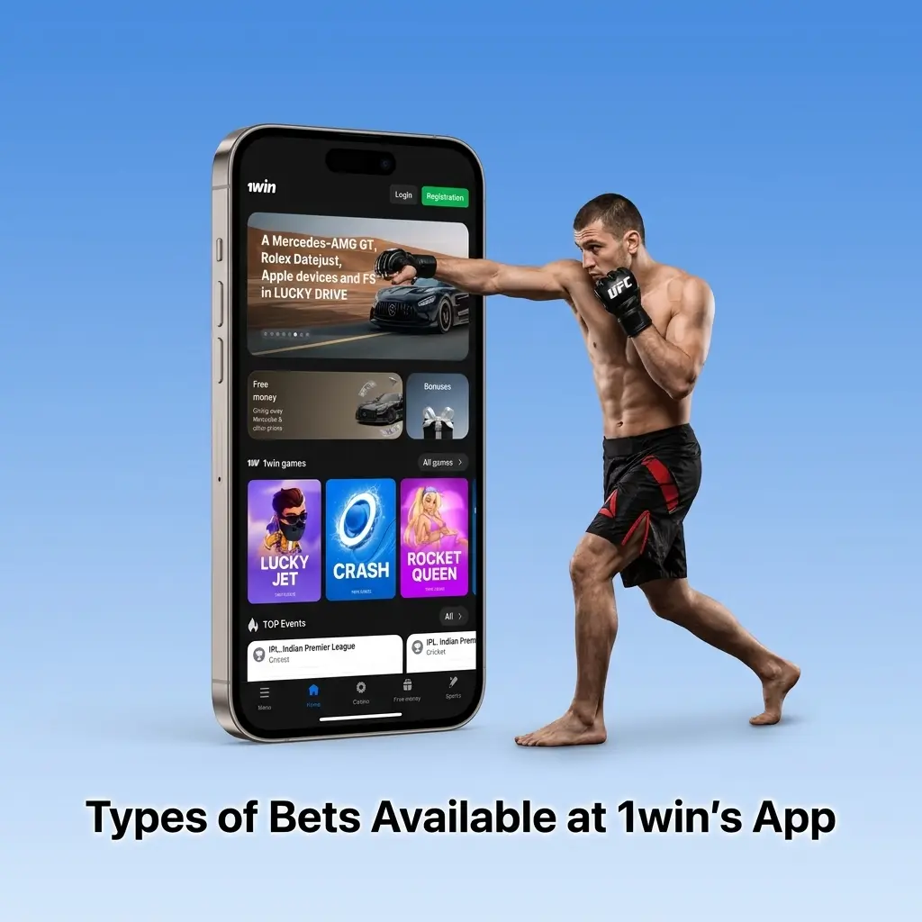 1win app bet types including single, accumulator, treble, system, and live in-play betting options